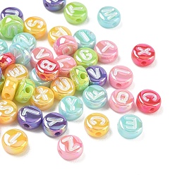 Mixed Color Plating Opaque Acrylic Beads, Iridescent, Flat Round with Letter, Mixed Color, 7x3.5mm, Hole: 1.8mm