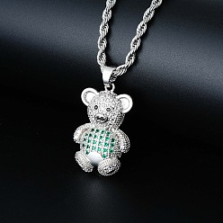 Зеленый Латунные микро-паве кубические цирконии милые мини-подвески в виде мультяшных медведей для женщин, платина, зелёные, 23.62 дюйм (60 см)