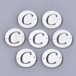 Letter C Natural Freshwater Shell Links Connectors, Flat Round with Letter, Letter.C, 14.5x1.5mm, Hole: 0.9mm