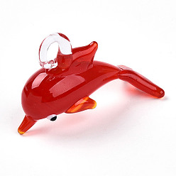 Красный Ручной работы подвески серебряной фольгой бусины, прелести дельфинов, красные, 27~29x44~46x16.5~18.5 мм, отверстие : 4~5x4~6 мм