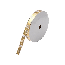Copo de nieve Cinta de raso de poliéster con tema navideño plano, cinta de estampado en caliente, accesorios de ropa, oro, patrón de copo de nieve, 3/8 pulgada (9.5~10 mm), aproximadamente 9.84 yardas (9 m) / rollo