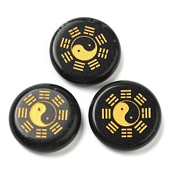 Обсидиан Природные обсидиановые кабошоны, плоский круглый с гравировкой золота тайцзи инь-ян, 25~26x6~7 мм