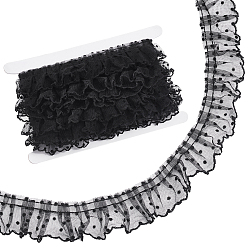 Noir 10 Ruban froissé en gaze de polyester à pois, volants bordure en dentelle, accessoires de vêtements, avec carte d'affichage en carton, noir, 1-5/8 pouces (40 mm)