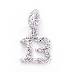 Platinum Brass Micro Pave Cubic Zirconia European Dangle Charms, Large Hole Pendants, Letter B, Clear, Platinum, 18.5mm, Pendant: 10.5x10x1.5mm, Hole: 4mm