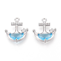 Платинированный Латунные микро проложить кубического циркония подвески, якорь, Реальная платина, 16x13.5x4 мм, отверстие : 1.2~1.4 мм