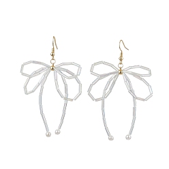 Clear Glass Bugle Beaded Dangle Earring, with Shell Pearl Beads, Brass Earring Hooks, Bowknot, Clear, 77x48mm