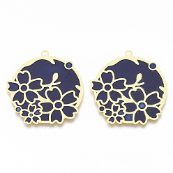 Полуночно-синий Латунь эмаль подвески, гравированные металлические украшения, матовый золотой цвет, плоские круглые с цветком, темно-синий, 32x30x0.3 мм, отверстие : 1.8 мм