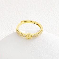 Letter B Регулируемые латунные кольца с микропаве из прозрачных кубических цирконий для женщин, буквы, золотые, В письме, внутренний диаметр: 16~19 мм