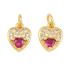 Chapado en Oro Real 18K Micro pavé de latón encantos de circonita cúbica rojo violeta medio, encantos del corazón, sin plomo y cadmio, chapado en rack, larga duración plateado, real 18 k chapado en oro, 11x8.5x3.5 mm, agujero: 3 mm