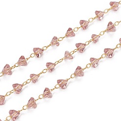 Flamingo Handmade Glass Beaded Chains, with Golden Tone Brass Findings, Soldered, Long-Lasting Plated, Triangle, Faceted, Flamingo, 3.5~4x4~4.5x3mm, about 32.8 Feet(10m)/roll