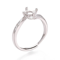 Платина Родиевое покрытие 925 стерлинговое серебро микропаве кубический цирконий помолвочное кольцо солитер оправы, регулируемые настройки зубчатого кольца, платина, лоток : 6x6 мм, 9 мм, внутренний диаметр: 17 мм