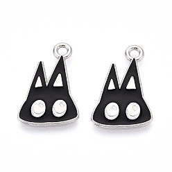 Cat Shape Подвески из сплава с эмалью на тему Хэллоуина, платина, форма кошки, 23x15x1 мм, отверстие : 2 мм