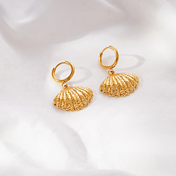 Shell Shape Ocean 304 Pendientes colgantes de aro de acero inoxidable para mujer, real 18 k chapado en oro, shell forma, 36x24 mm