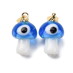 Светло-Голубой Подвески лэмпворк ручной работы, гриб, с реечной накладкой из латуни с золотистым напылением, долговечный, Небесно-голубой, 16~17x9.5~10.5 мм, отверстие : 4.5x3.5 мм