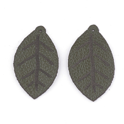 Olive PU-Leder Anhänger, Blatt, Olive, 23x13x0.5 mm, Bohrung: 0.8 mm