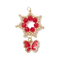 Красный Подвески-цветы из стеклянных бус, с настоящими 18позолоченными 304 кольцами из нержавеющей стали и эмалированными подвесками в виде бабочек, красные, 36x24x4 мм