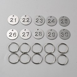 Stainless Steel Color 201 Stainless Steel Numbered Marking Identification Hang Tags, Luggage Labels, ID Tag, Number Markers, with Iron Key Rings, Flat Round with Hollow Number, Stainless Steel Color, 23x1mm, 10pcs