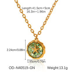Flat Round Ocean Natural Shell  Resin Pendant 304 Stainless Steel Cable Chain Necklaces for Women, Real 18K Gold Plated, Green, Flat Round with Starfish, 16.34 inch(41.5cm), pendant: 22.4x19.5mm