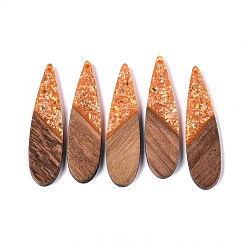 Темно-Оранжевый Подвески из непрозрачной смолы и орехового дерева, слезинки, с блестящей пудрой и золотой фольгой, темно-оранжевый, 52~53x13.5x3 мм, отверстие : 1.8 мм