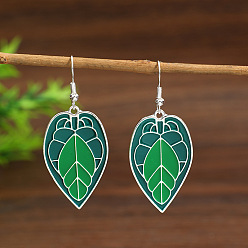 Platinum Alloy Enamel Dangle Earrings, Leaf, Platinum, 58x23mm