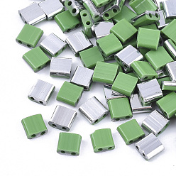 Light Green FGB 2-Hole Glass Seed Beads, Half Platinum Plated Colours, Square, Light Green, 5x4.5~5.5x2~2.5mm, Hole: 0.5~0.8mm, about 1180pcs/bag