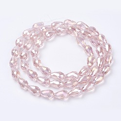 Pink Electroplate Glass Beads Strands, AB Color Plated, Faceted Teardrop, Pink, 15x10mm, Hole: 1mm, 50pcs/strand, 27.1 inch
