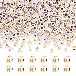 Letter H Непрозрачные акриловые бусины, с металлическим обрамлением, кубические, Письмо ч, 4.5x4.5x4.5 мм, отверстие : 2 мм