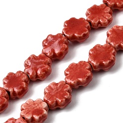 Красный Фарфора ручной работы бисер нитей, клевер, яркие глазированный фарфор, красные, 11~12.5x11~12x4.5~5 мм, отверстие : 1.4 мм, около 35 шт / нитка, 15.55'' (39.5 см)