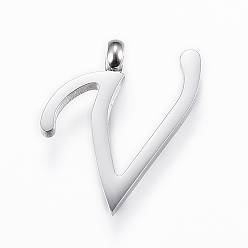 Letter V Устойчивые к потускнению 304 подвески из нержавеющей стали, Начальная буква, letter.v, цвет нержавеющей стали, 17x14x2 мм, отверстие : 2 мм