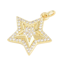 Настоящее золото 18K Латунные микропаве прозрачные подвески с фианитом, звезды прелести, без кадмия и без свинца, реальный 18 k позолоченный, 18.5x17x3 мм, отверстие : 3 мм