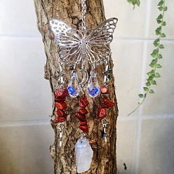 Красный Камень Металлические полые подвесные украшения в виде бабочек, Натуральная красная яшма с кисточками и стеклянными каплевидными кисточками для украшения дома и улицы, 210~230 мм