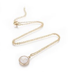 Letter X Brass Initial Pendant Necklaces, with Shell, Cubic Zirconia and 304 Stainless Steel Cable Chains, Flat Round with Letter, Letter.X, 17.5 inch(44.5cm), 1.5mm