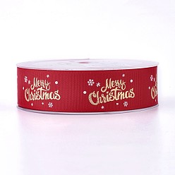 Red Polyester Grosgrain Ribbon for Christmas, Word, Red, 25mm, about 100yards/roll