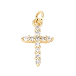 Настоящее золото 18K Покрытие стойки латунь микропаве прозрачные подвески из кубического циркония, с целью перехода в кольце, долговечный, без свинца и без кадмия, крестик, реальный 18 k позолоченный, 18.5x11.5x2.5 мм, отверстие : 3 мм