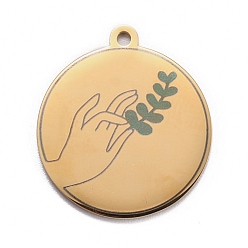 Golden 304 Stainless Steel Pendants, Flat Round with Hand & Grass, Golden, 28x25x1.4mm, Hole: 2mm