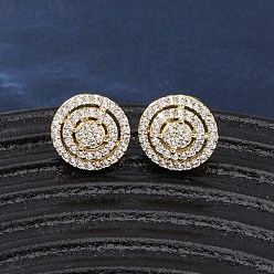Настоящее золото 18K Латунные плоские круглые серьги-гвоздики с микропаве из прозрачных кубических цирконий, долговечный, стойки покрытие, без свинца и без кадмия, реальный 18 k позолоченный, 11.5 мм
