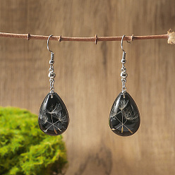 Черный Серьги с подвесками из смолы и сплава, с сушеными цветками одуванчика, слеза, платина, чёрные, 56.5x16.8 мм