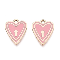Flamingo Alloy Enamel Pendants, Rack Plating, Heart Lock Charms, Golden, Flamingo, 17.5x13.5x1.5mm, Hole: 1.5mm