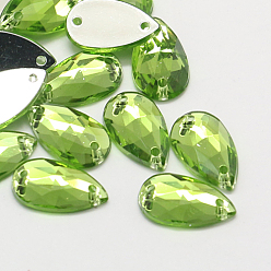 Бледно-Зеленый Шить на горный хрусталь, Тайвань акриловые горный хрусталь, два отверстия, аксессуары для одежды, Грановитая Teardrop, бледно-зеленый, 13x8x3.5 мм, отверстие: 1 мм