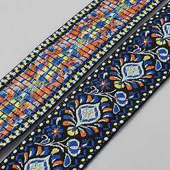 Dark Blue Ethnic Style Floral Pattern Embroidery Polyester Ribbons, Jacquard Ribbon, Garment Accessories, Dark Blue, 1-7/8 inch(49mm), about 2~3 yards/roll