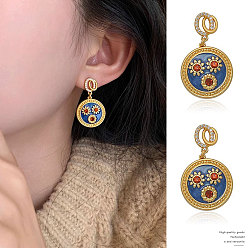 Золотой Плоские круглые серьги-гвоздики из сплава с цветочным узором и стразами, золотые, 38.5x21 мм