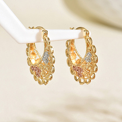 Цветок Латунные полые серьги-кольца, золотые, цветок, 33x30 мм