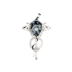 Snowflake Obsidian Natural Snowflake Obsidian Teardrop Pendants, Platinum Tone Brass Key Scepter Wing Charms, 45x35x9mm