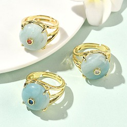 Flower Amazonite Открытые кольца манжеты из латуни с микропаве и кубическим цирконием, с натуральным цветком амазонитом, круглые, стойки покрытие, долговечный, золотые, 18 мм