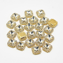 Crystal Sew on Rhinestone, Multi-strand Links, Glass Rhinestones, with Brass Findings, Garments Accessories, Square, Golden, Crystal, 13x13x6mm, Hole: 1mm