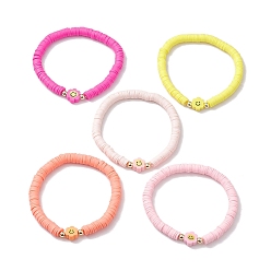 Mixed Color Handmade Polymer Clay Beaded Smiling Face Flower Stretch Bracelets, with Electroplate Non-magnetic Synthetic Hematite Beads, Mixed Color, Inner Diameter: 2-1/8 inch(5.3cm)