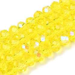 Шампанско-Желтый Стеклянные бусины с гальваническим покрытием , с половиным покрытием цвета радуги, граненые, рондель, шампанское желтый, 2.9~3.3x2 мм, отверстие : 0.8 мм, около 135~140 шт / нитка, 32~34 см