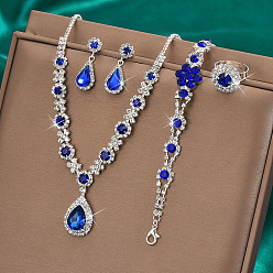 Сапфир Модные комплекты из латунных браслетов, серег, ожерелий и колец со стразами, слеза, сапфир, 320 мм