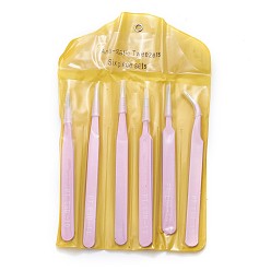 Pearl Pink Stainless Steel Beading Tweezers Sets, Stainless Steel Color, Pearl Pink, 11.7~12.5x0.9~1.05cm, Packaging Size: 13.7x12.6cm, 6pcs/set