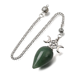 Aventurina Verde Colgantes de péndulo de aventurina verde natural, con cadena de hierro y tapas de aleación, dijes de lágrima y pentagrama de triple luna, 258~260 mm, agujero: 1.6 mm